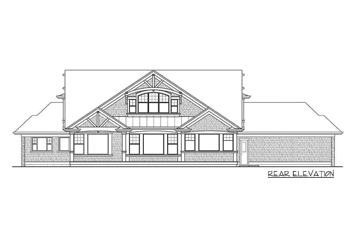 House plan rear elevation showing a two-story home with gables, dormer windows, and a shingle exterior.