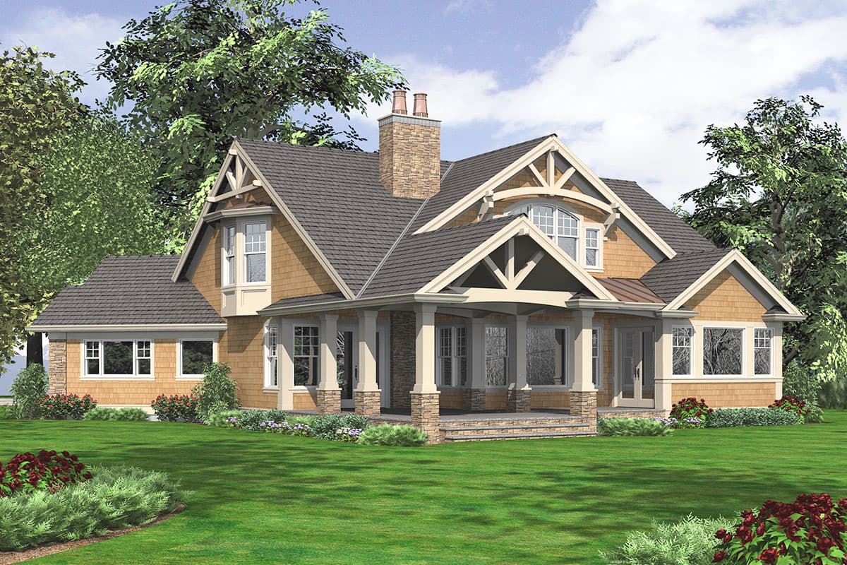 Craftsman style house plan exterior with a covered front porch, stone chimney, and multiple gables.