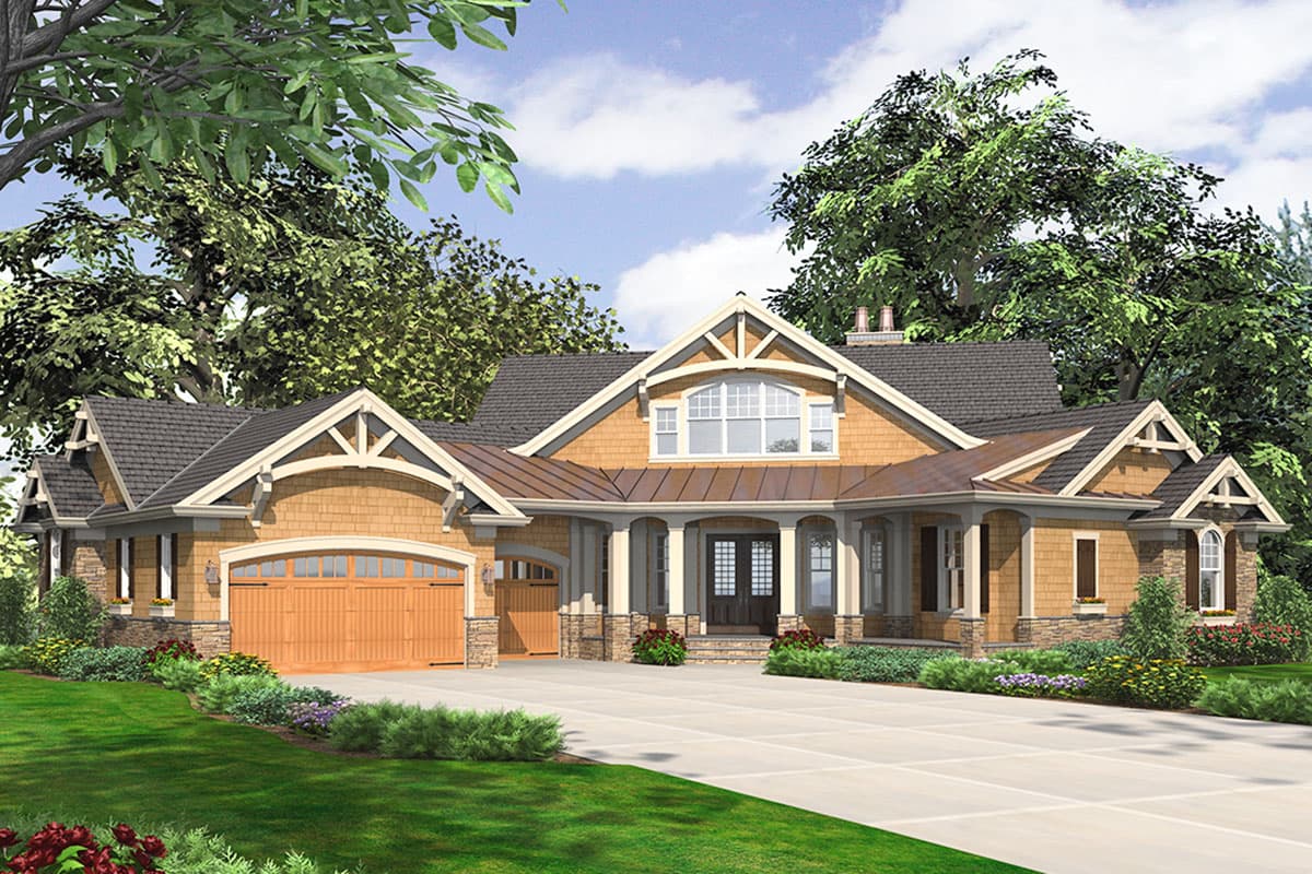 House plan exterior featuring Craftsman-style design, a two-car garage, multiple gables, and a front porch with columns.