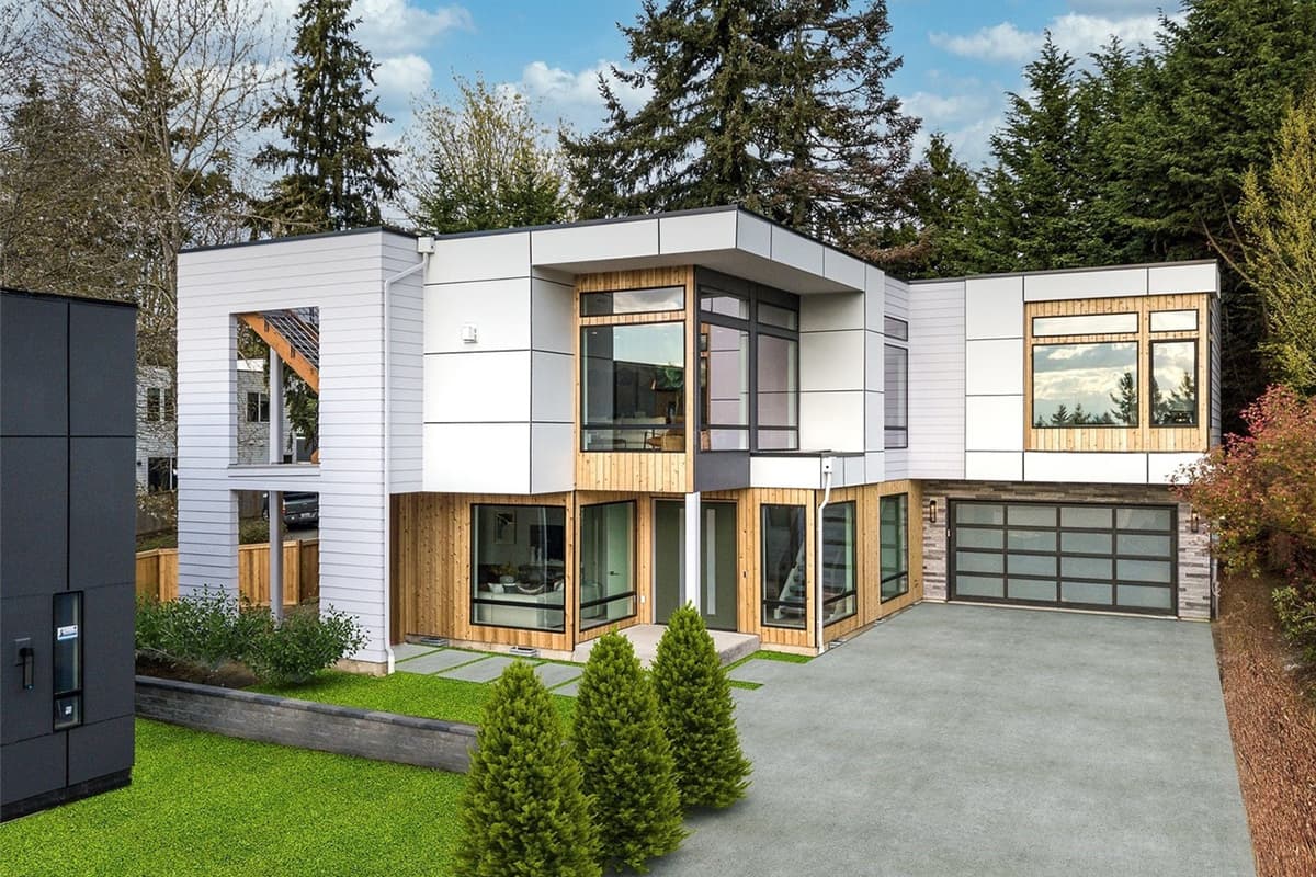 House plan exterior. Modern style, two-story home with flat roof, floor-to-ceiling windows, and attached garage. Exterior features wood accents.