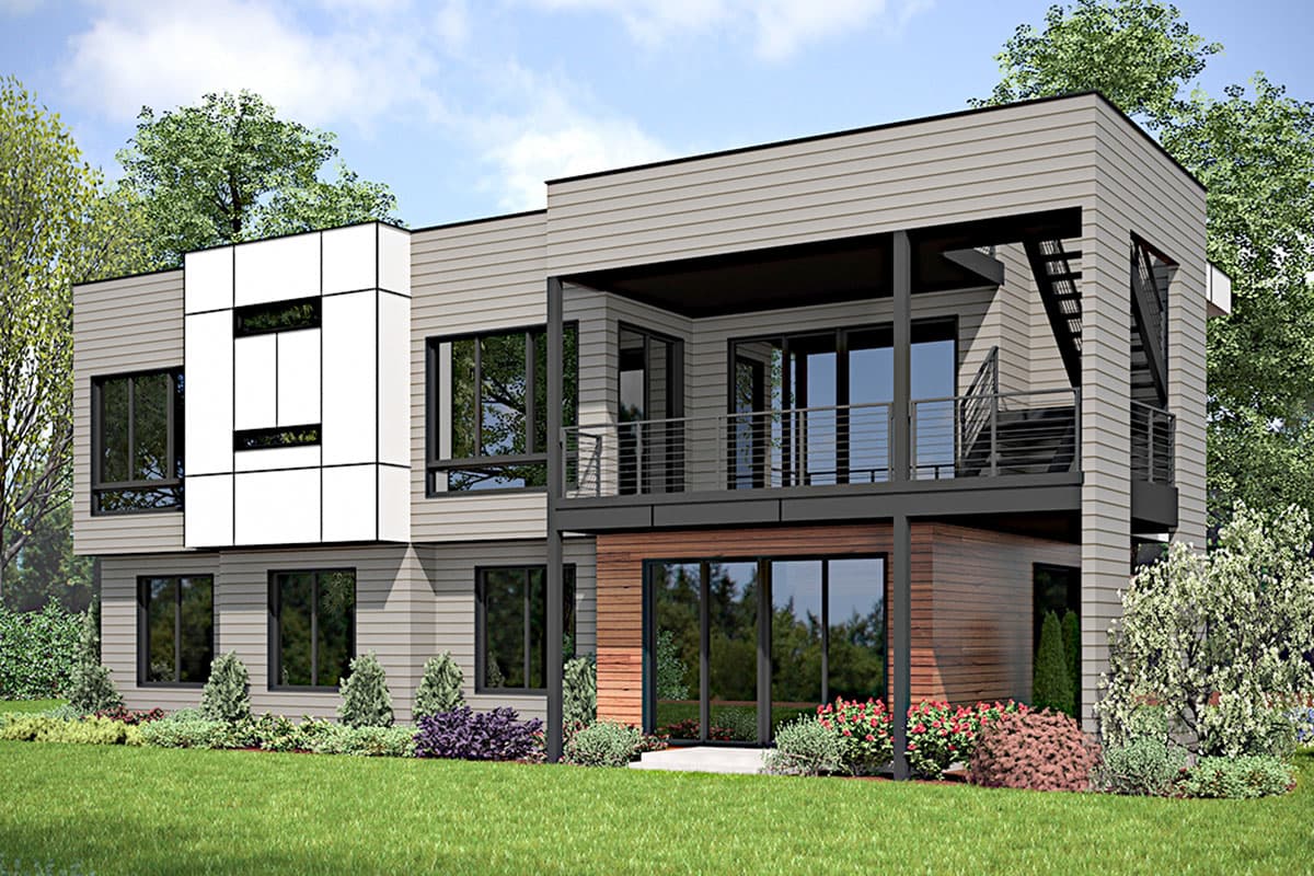 Modern house plan exterior with geometric facade, balcony, and wood-clad lower level. Two stories visible.
