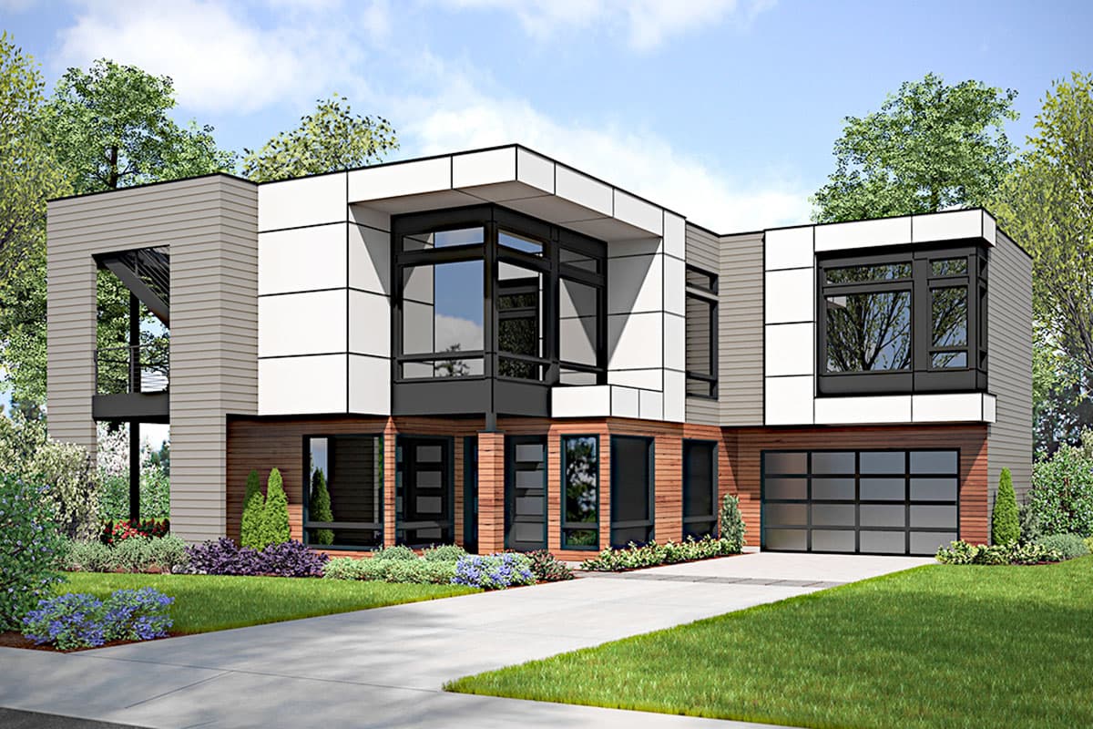 Modern house plan exterior with geometric volumes, mixed materials, large windows, and a multi-pane garage door.