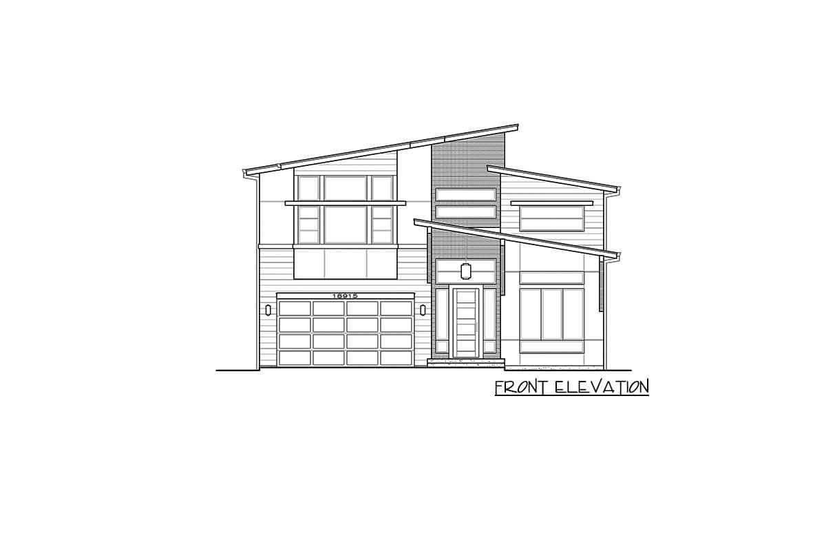 Front elevation of a two-story modern house plan with asymmetrical rooflines, horizontal siding, large windows, and a two-car garage.