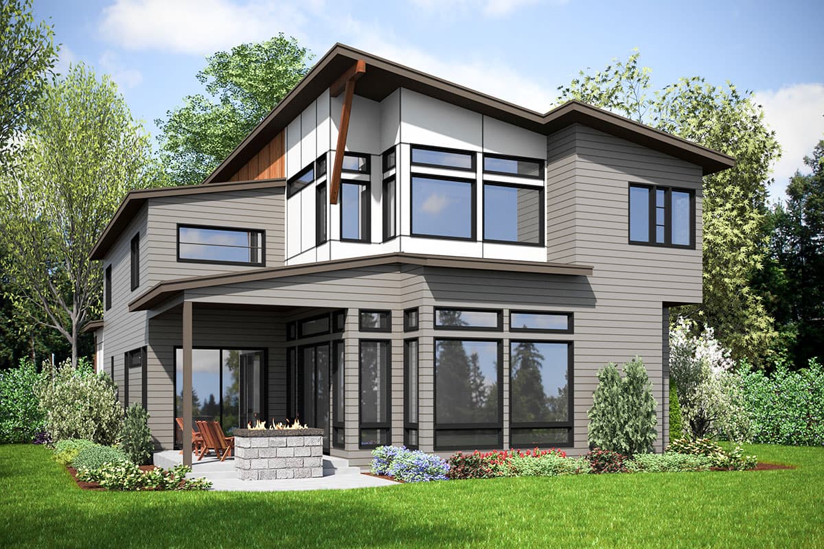 Modern two-story house plan exterior with a covered patio, stone fireplace, and large windows.