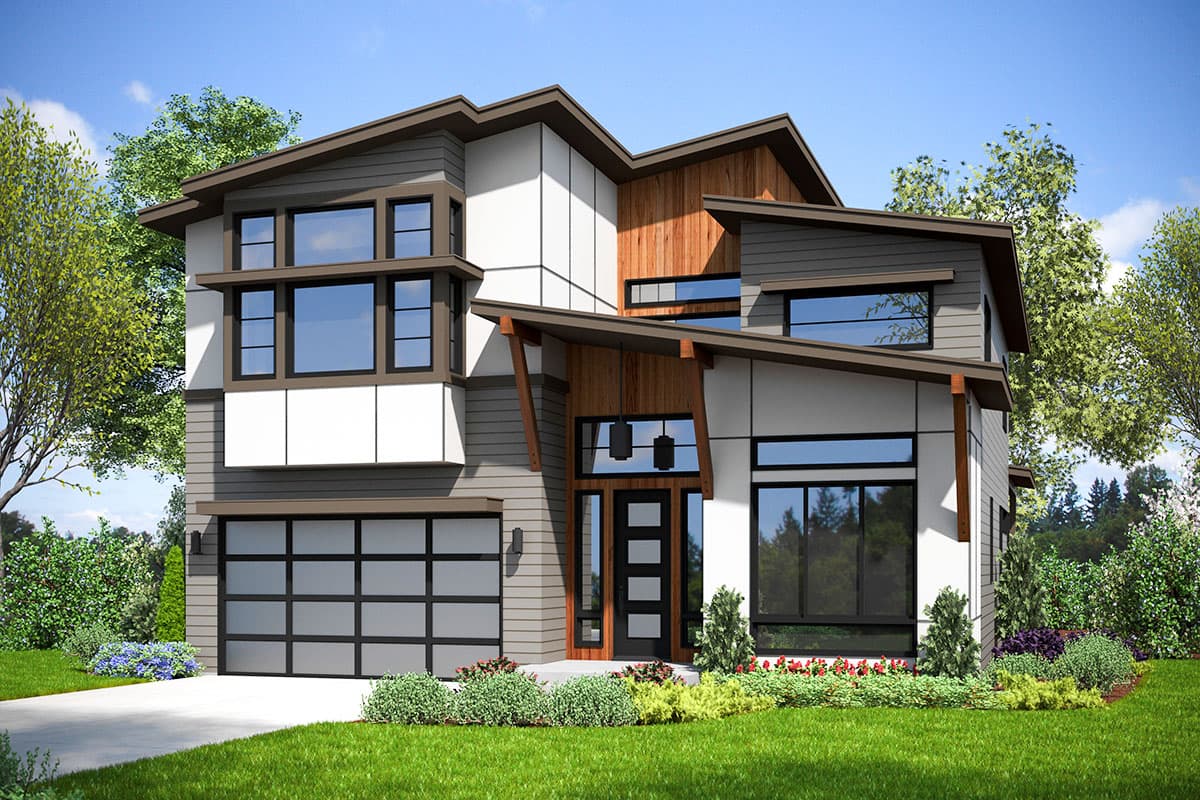 House plan exterior. Two-story modern house with a shed roof, multi-pane windows, wood accents, and attached garage.