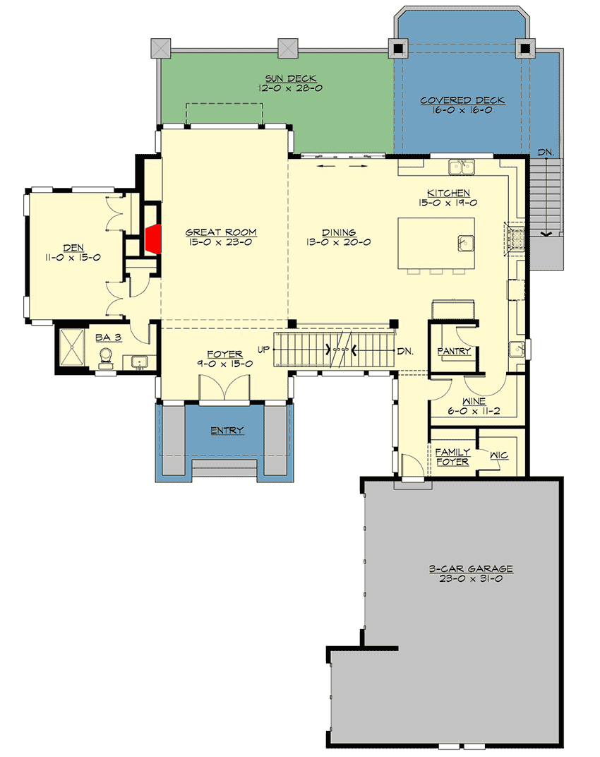 Plan 23856JD: Luxury Modern House Plan with Wine Room and Private Den with Guest Room Potential - Floor Plan - Main Level - Modern, Northwest, Prairie