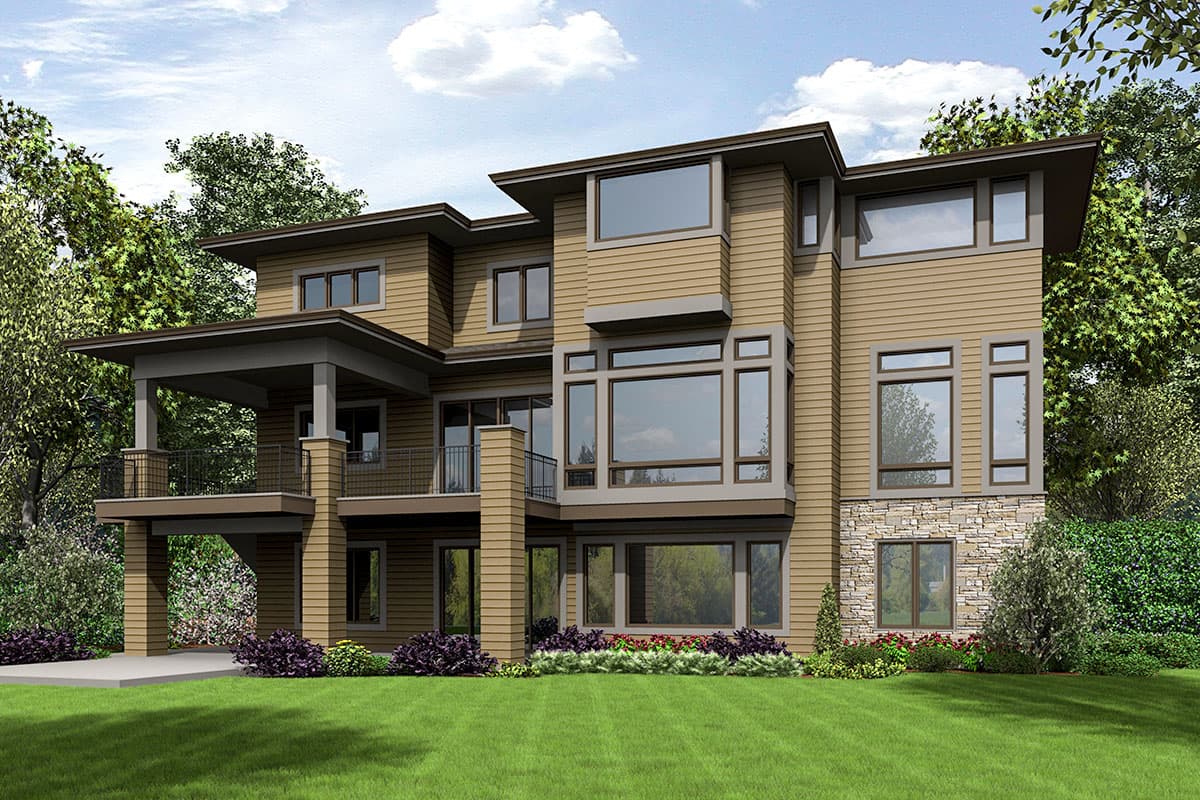 Modern house plan exterior with a covered balcony, stacked windows, and stone base.