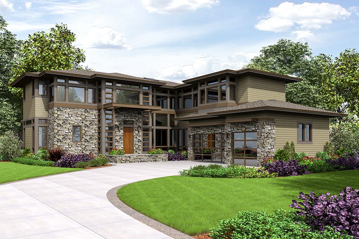 Modern house plan exterior with stone accents, multiple gables, large windows, and a two-car garage.
