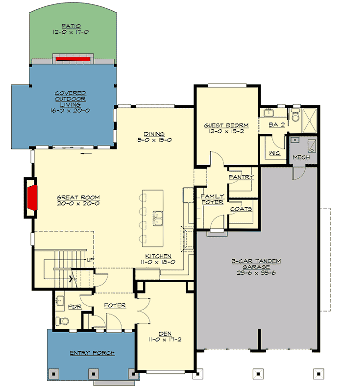 Plan 23857JD: Modern Home Plan with 3-Car Tandem Garage - Floor Plan - Main Level - Modern, Mountain, New American, Northwest