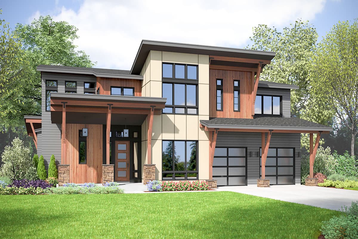House plan exterior of a two-story Modern house with a covered entry, gabled roof, and two-car garage with glass doors.