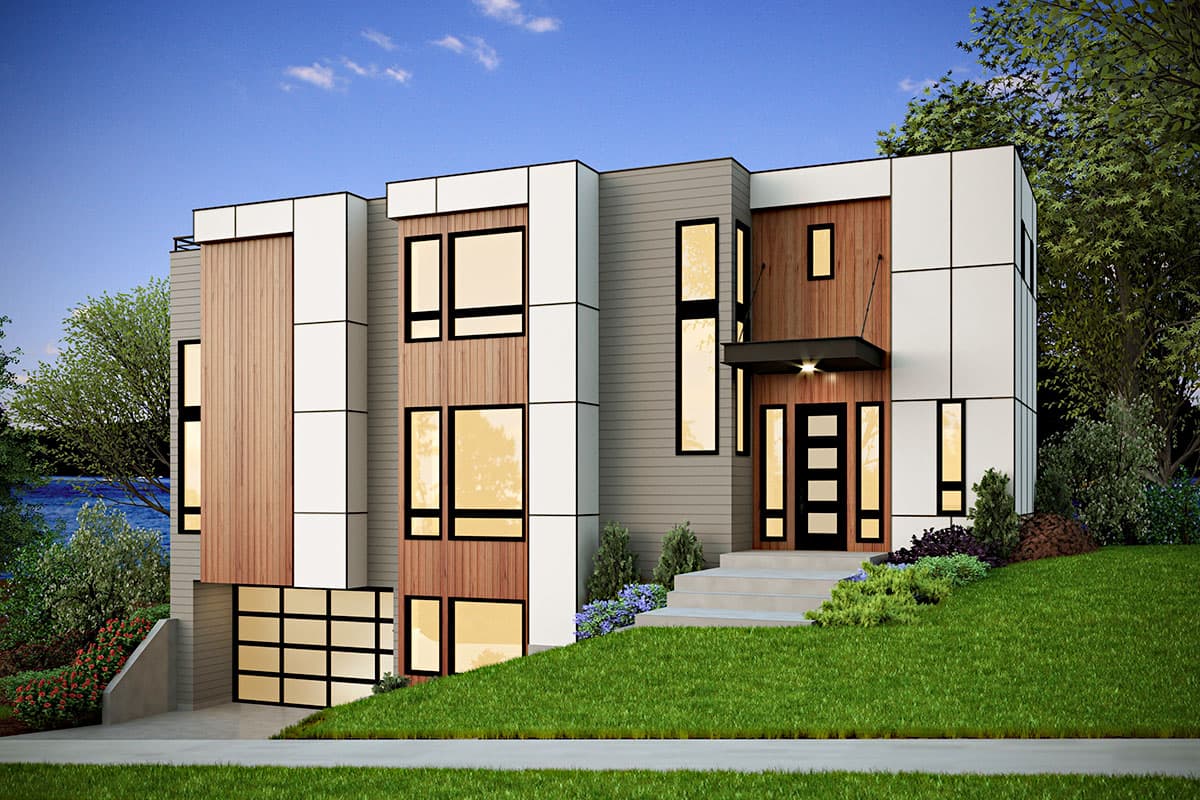 Modern house plan exterior with wood and white panels, multiple stories, large windows, and attached garage.