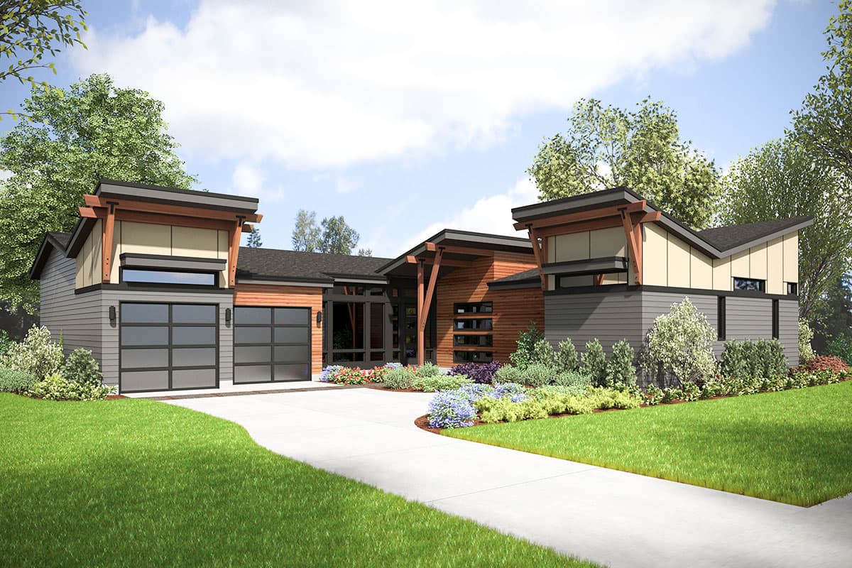 Modern ranch house plan exterior with asymmetric gables, wood siding, horizontal windows, and a three-car garage.