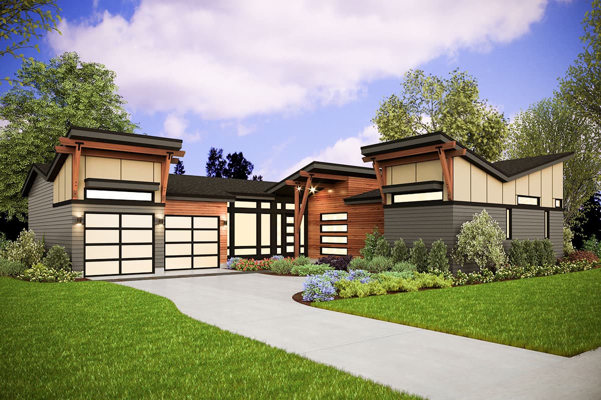 Modern house plan exterior with a low-pitched roof, two-car garage, wood siding, and large windows.