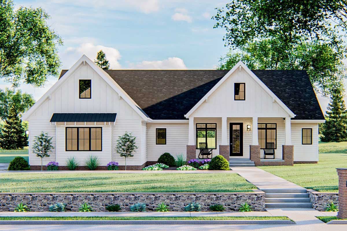 House plan exterior view of a one-story Modern Farmhouse with gables, a covered porch, and a dark roof.