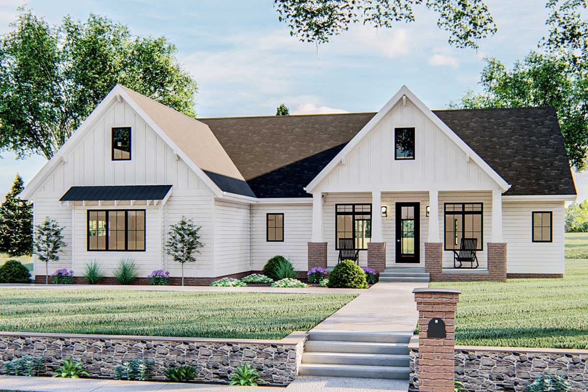 Modern Farmhouse house plan exterior with board and batten siding, prominent gables, and a covered front porch with stone accents.