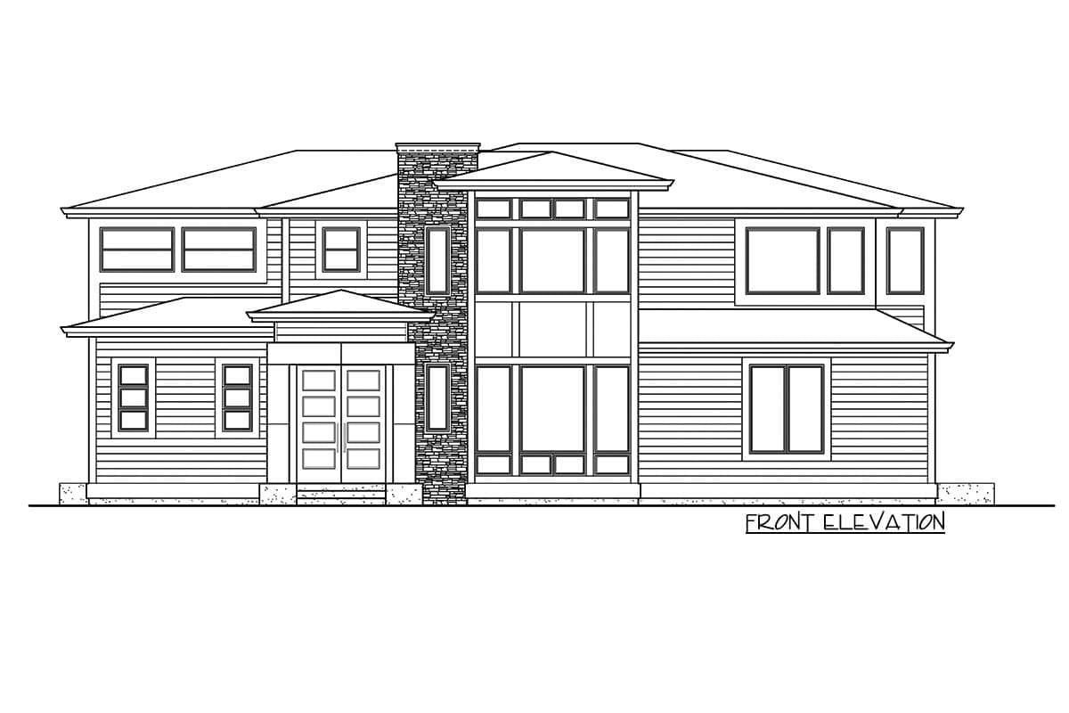 Front elevation drawing of a two-story modern house with stone accents, multiple gables, and a prominent window wall.