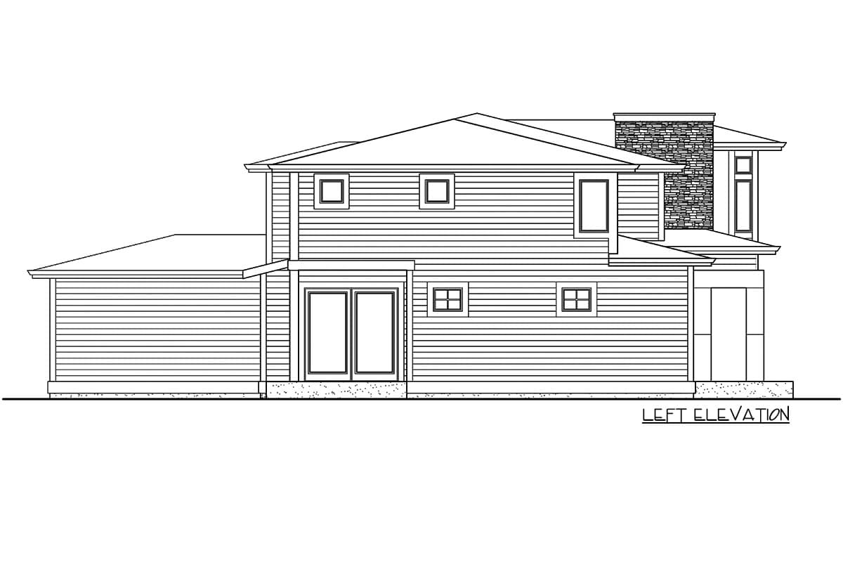 House plan left elevation showing a two-story home with horizontal siding, gables, dual glass doors, and a stone chimney.