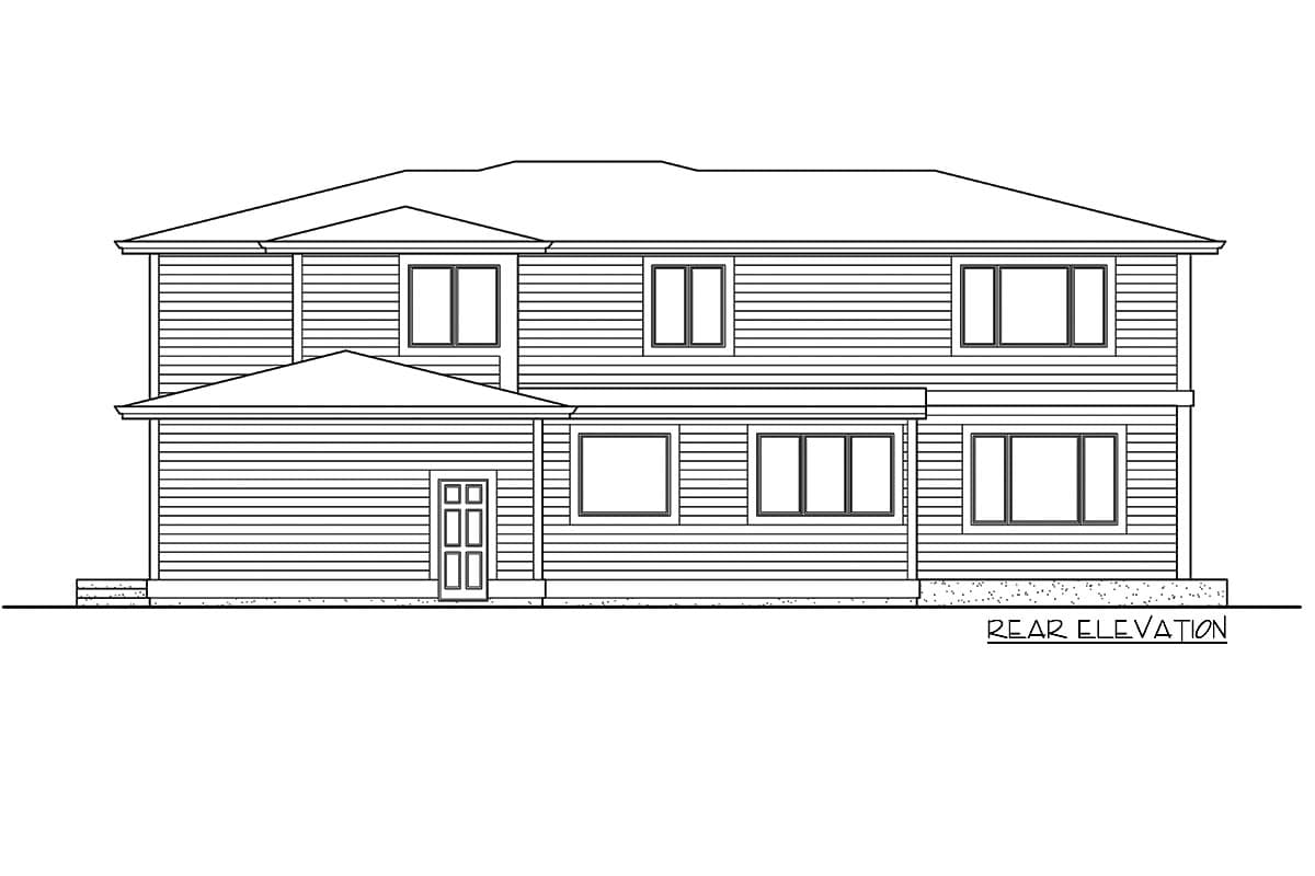 Rear elevation drawing of a two-story house with horizontal siding, multiple windows, and a prominent roofline.