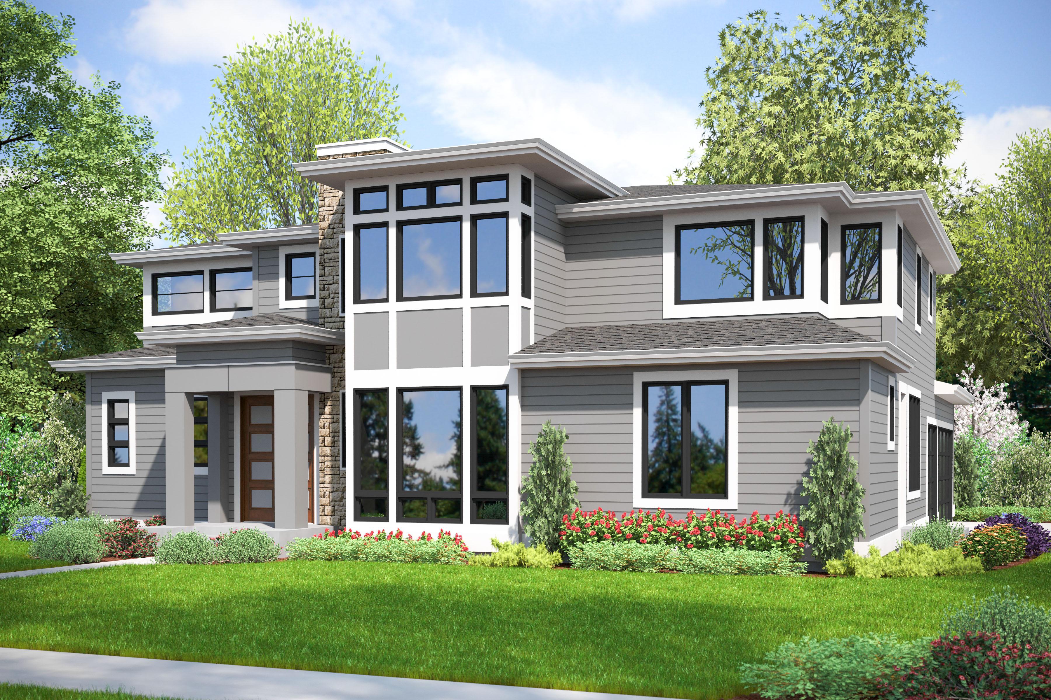 House plan exterior. Two-story modern home with stone accents, flat roof, and large windows.  Features include a covered entry and  siding.