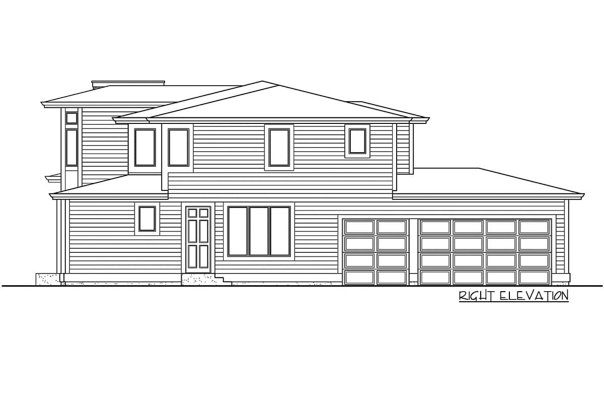 Right elevation house plan drawing: two-story home with gabled roof, multiple windows, entry door, and attached three-car garage.