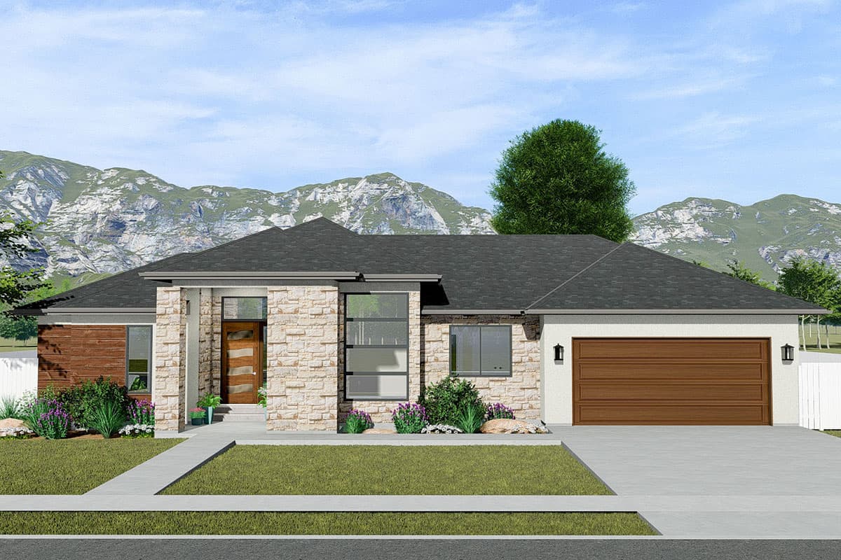 House plan exterior with stone veneer, flat roof, and attached garage. Includes a covered entry and a mix of horizontal and vertical windows.
