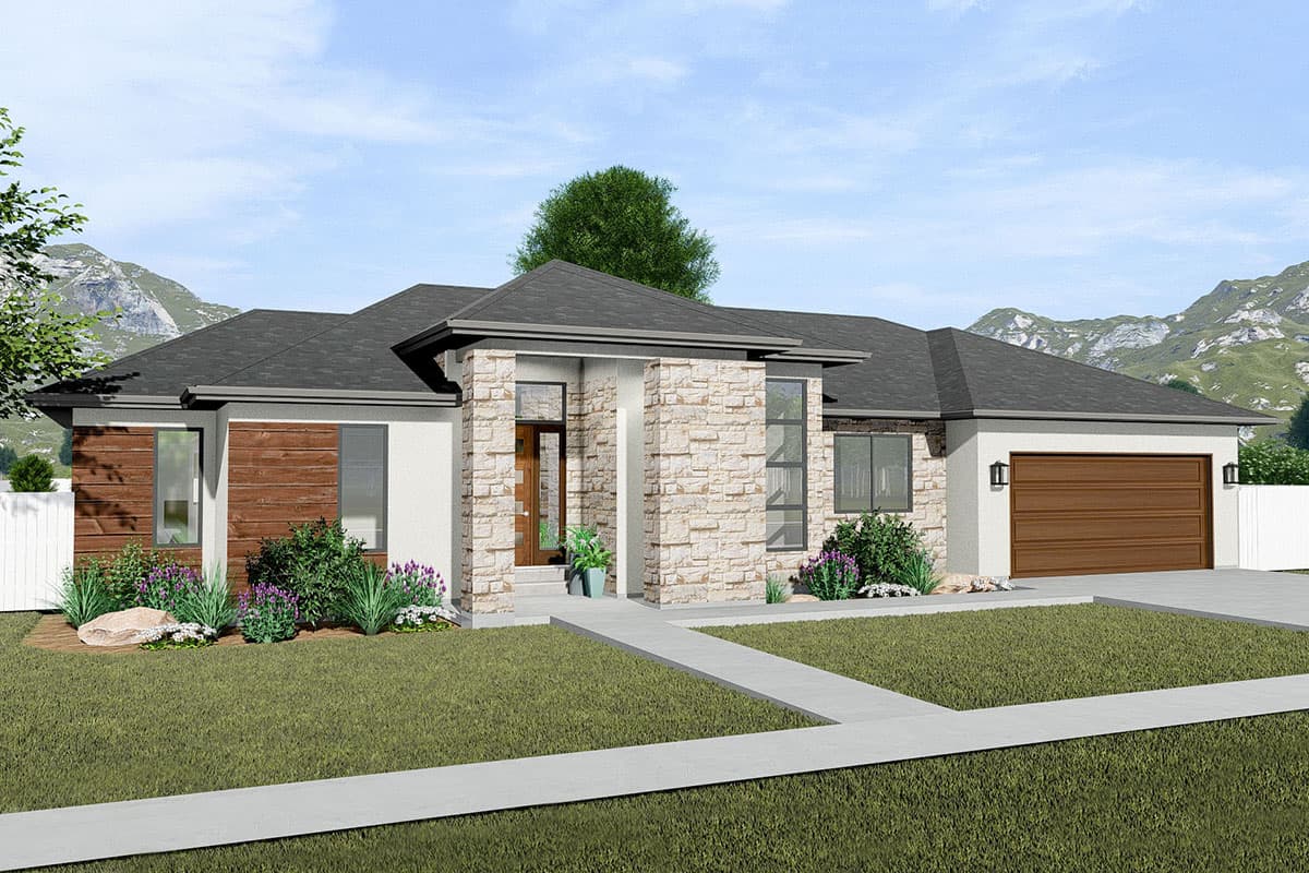House plan exterior: Modern single-story home with stone accents, wood siding, large windows, covered entry, and attached two-car garage.
