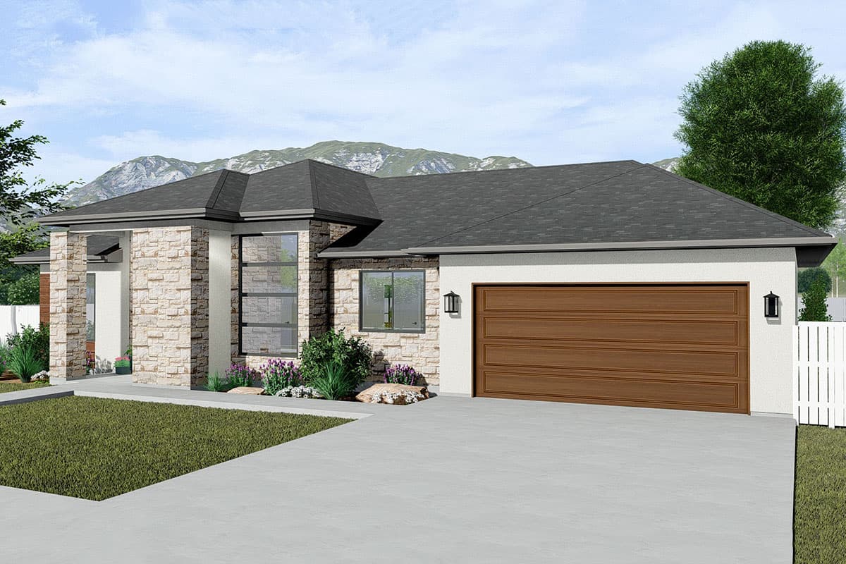House plan exterior: single-story, modern style with stone facade, large windows, recessed entry, and attached garage.