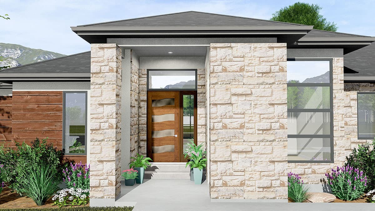 House plan exterior with stone accents, wood siding, a modern door, and large windows.