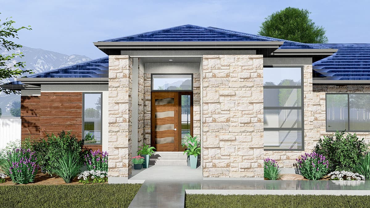 Modern house plan exterior with stacked stone, wood siding, glass door, and angled roof.