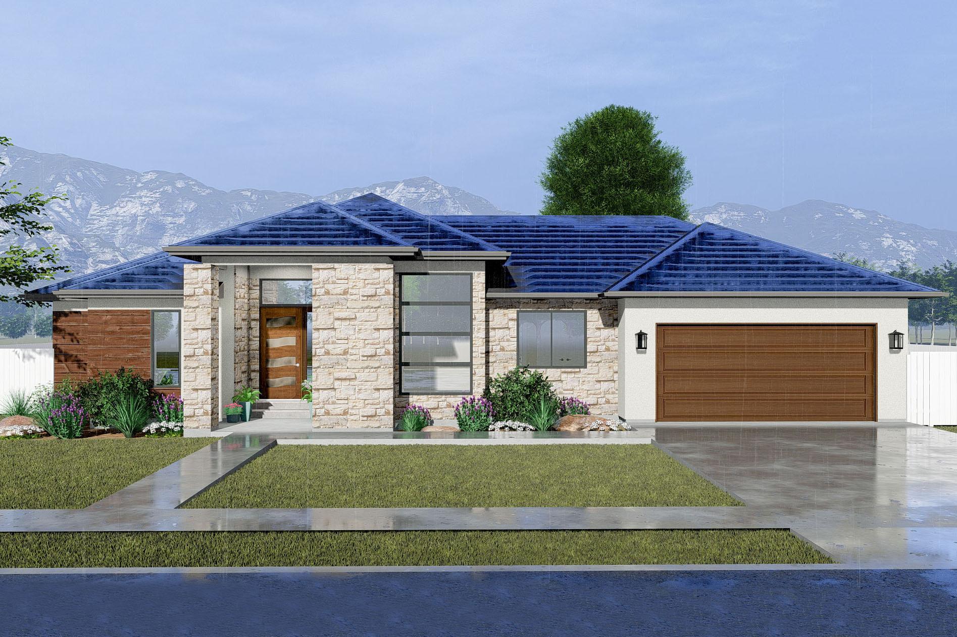 Modern ranch house plan exterior featuring stone and wood siding, hipped roof, and attached garage.