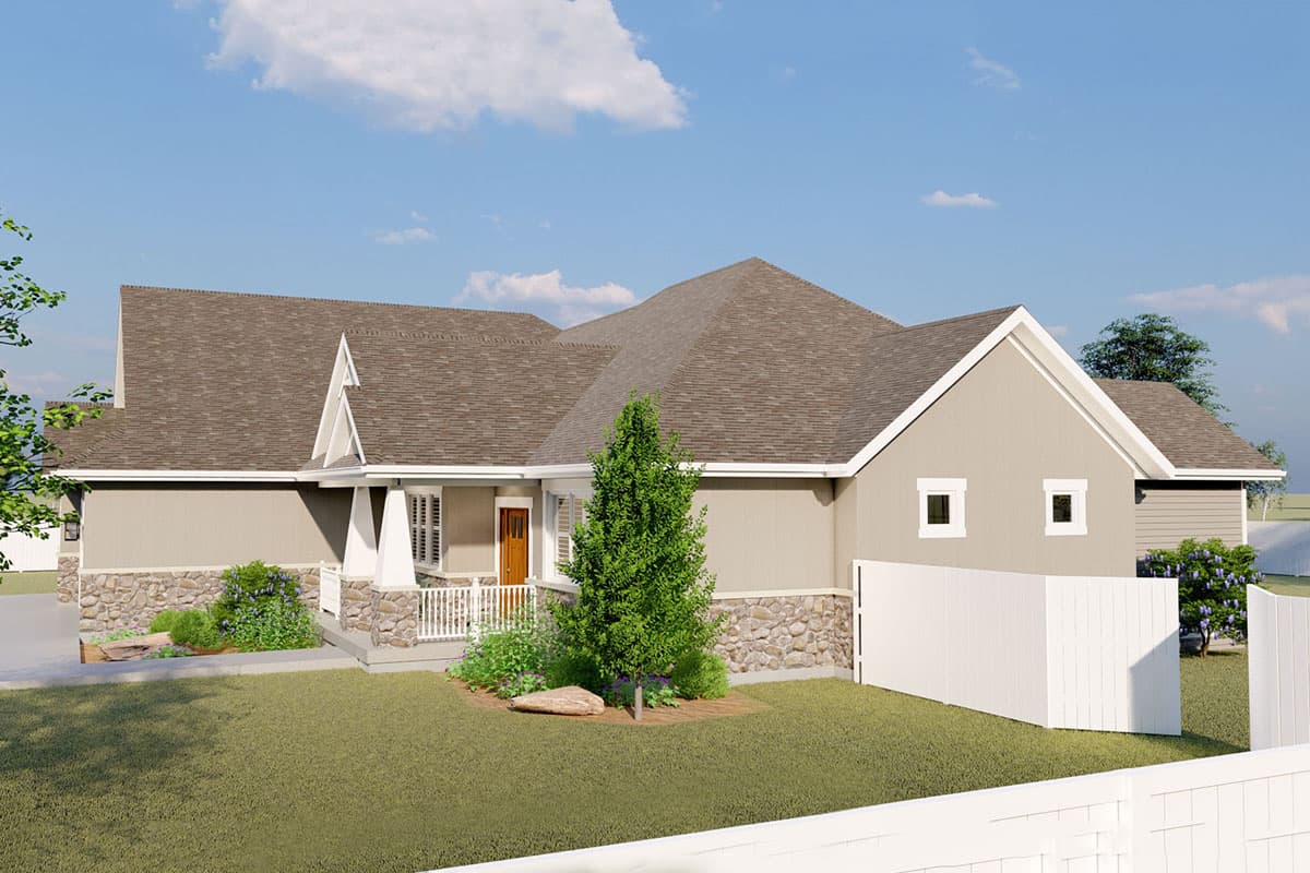 Craftsman house plan exterior with stone accents, gabled dormers, and covered porch with white railing.