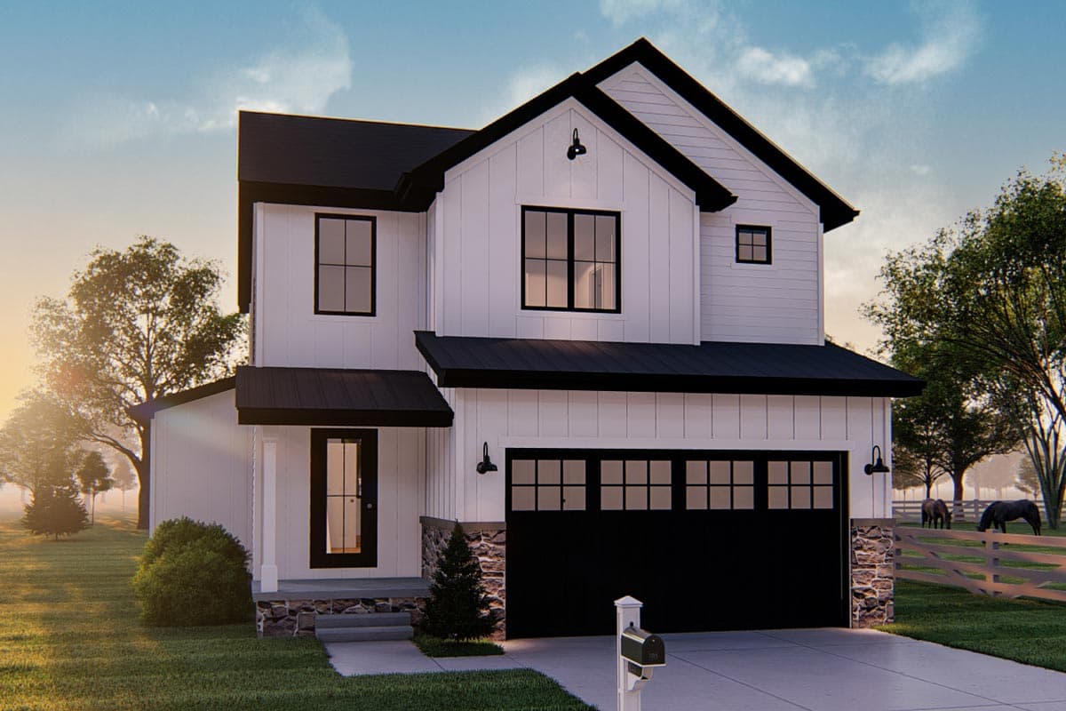 House plan exterior. Two-story Modern Farmhouse with a front-facing garage, gables, and a covered porch. White siding with black trim.