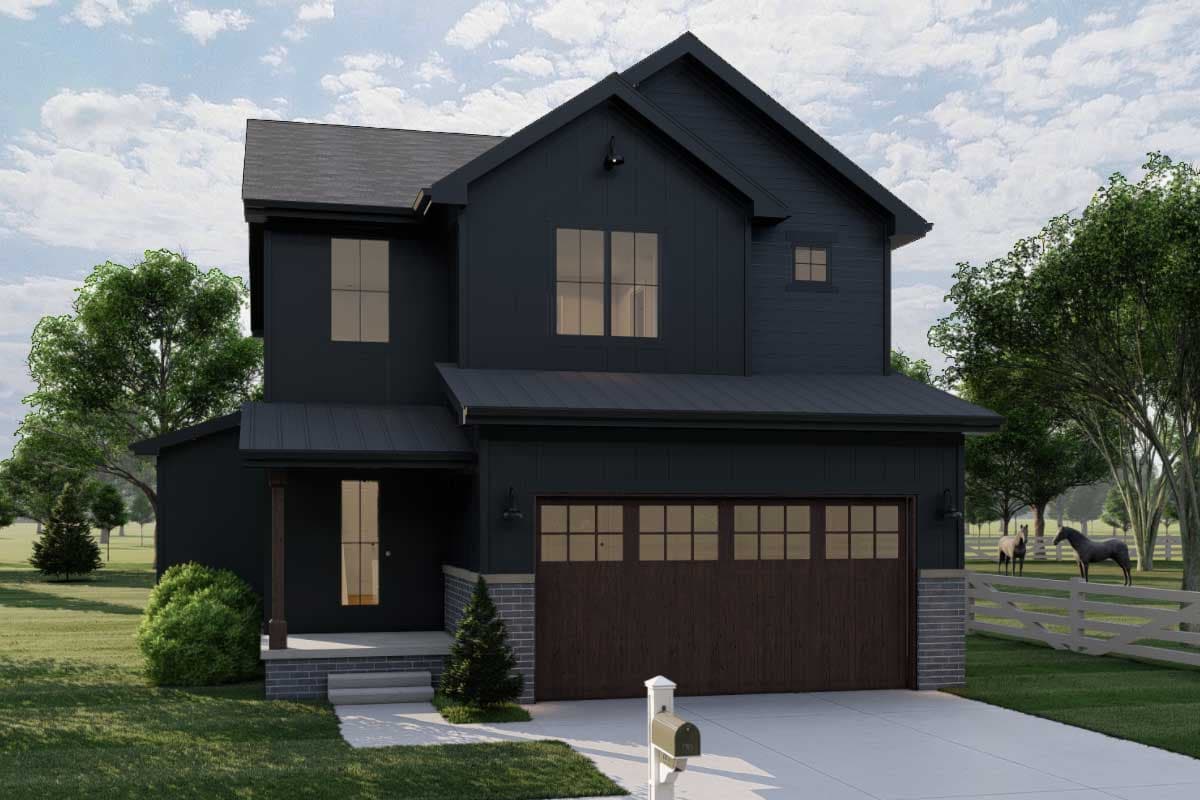 Modern Farmhouse house plan exterior with a dark vertical siding, gabled roof, metal roof accents, and a two-car garage.