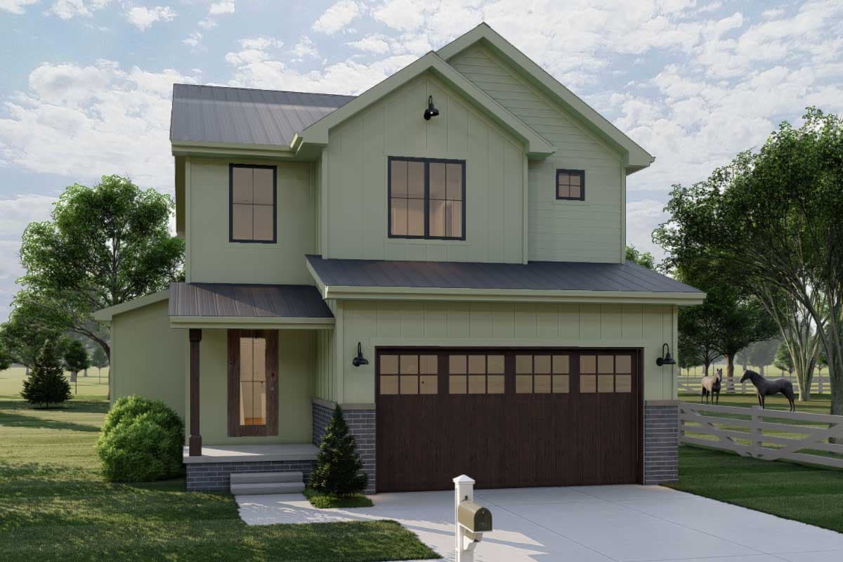 Two-story Modern Farmhouse plan exterior with a gabled roof, board and batten siding, and a two-car garage.