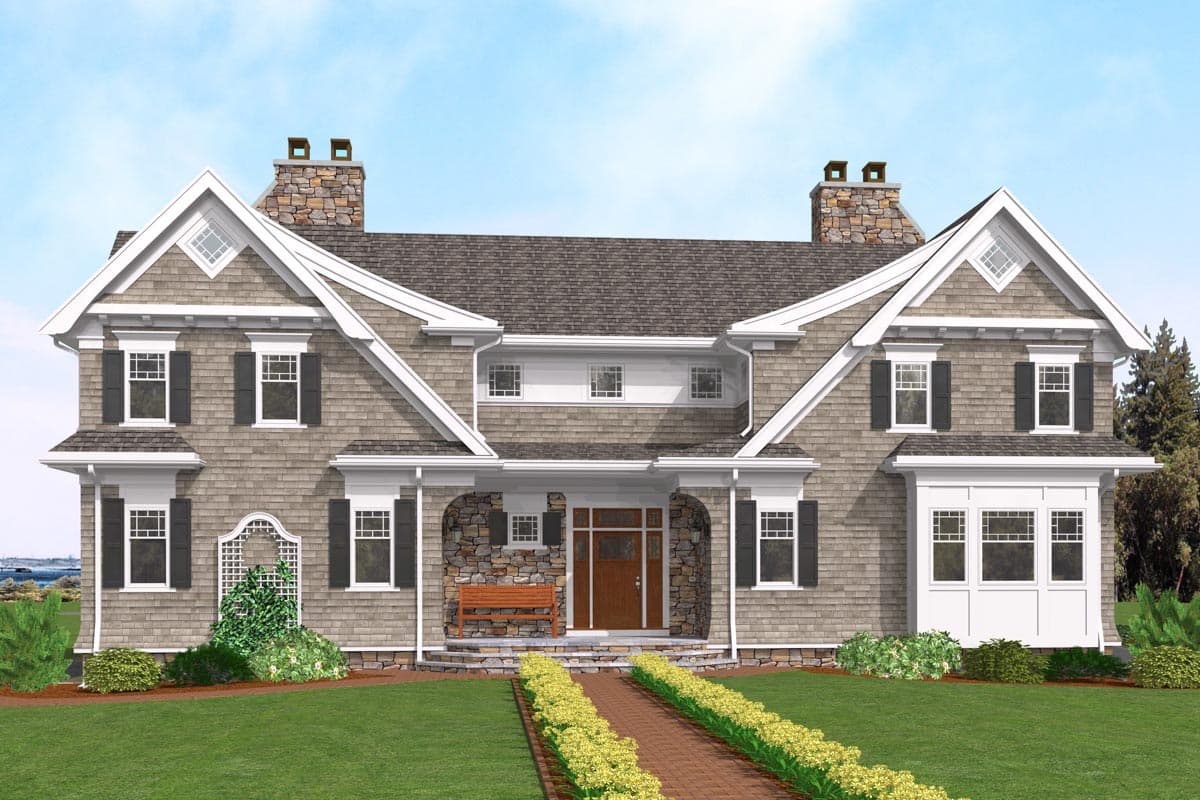House plan exterior: Two-story home with shingle siding, stone chimneys, prominent gables, dormers, and a covered entry porch.