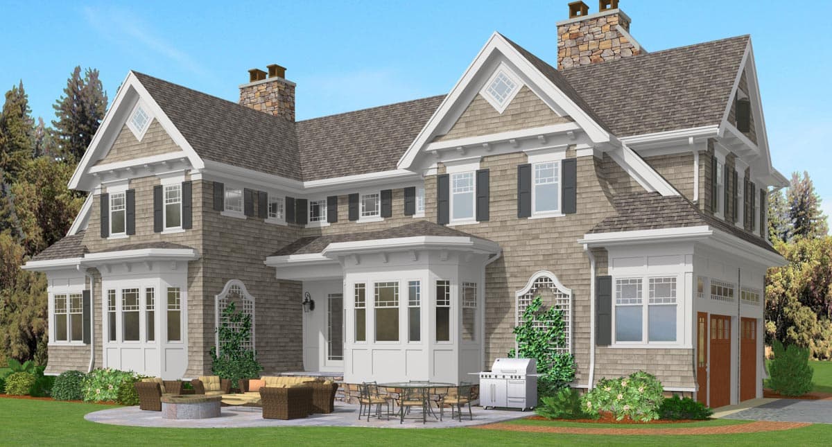 House plan exterior: Two-story home with shingle siding, prominent gables, stone chimney, bay window, and attached two-car garage.