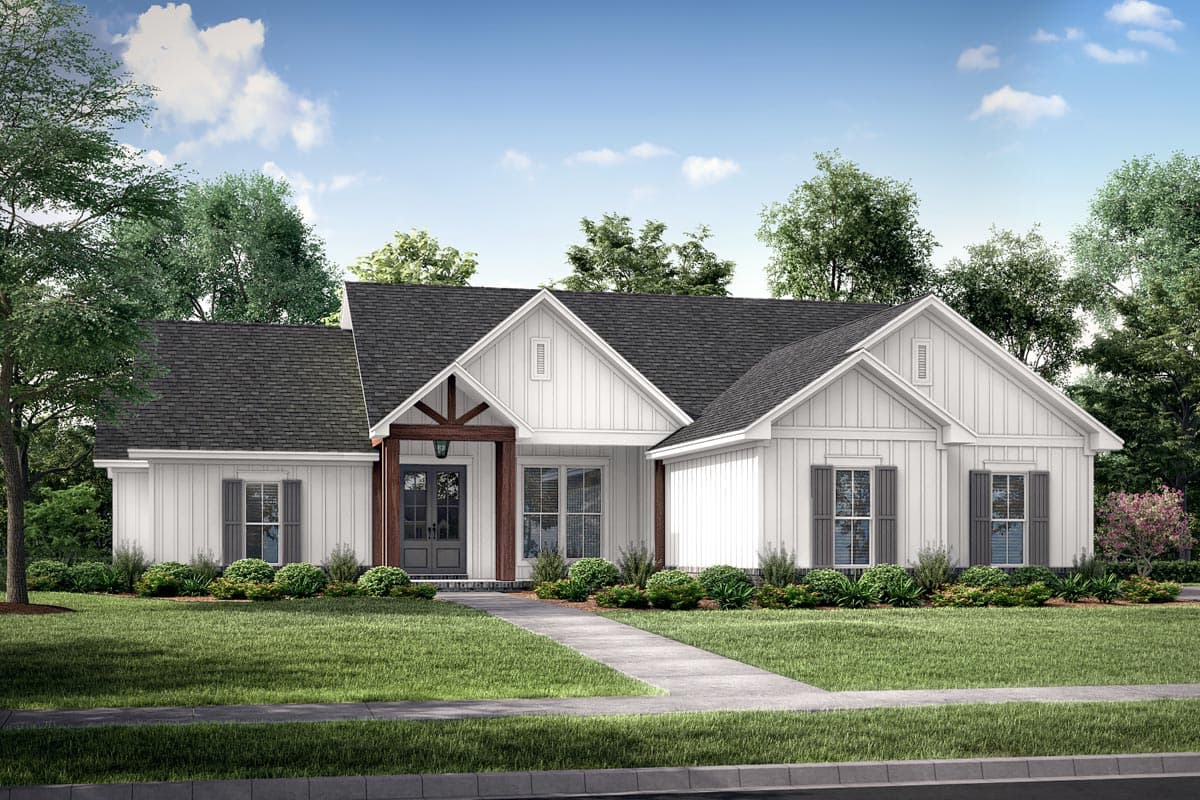 House plan exterior with Modern Farmhouse style, prominent gables, board and batten siding, and a covered entry with timber detailing.