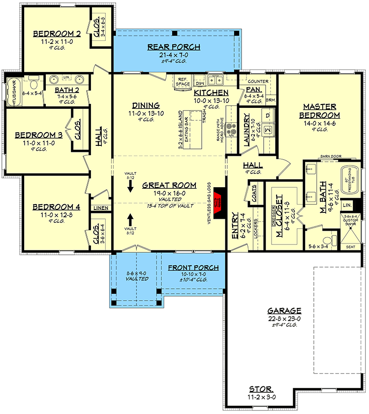 Plan 51833HZ: One-Story New American House Plan with Split Bedroom Layout - 1992 Sq Ft - Floor Plan - Main Level - New American, Ranch, Southern