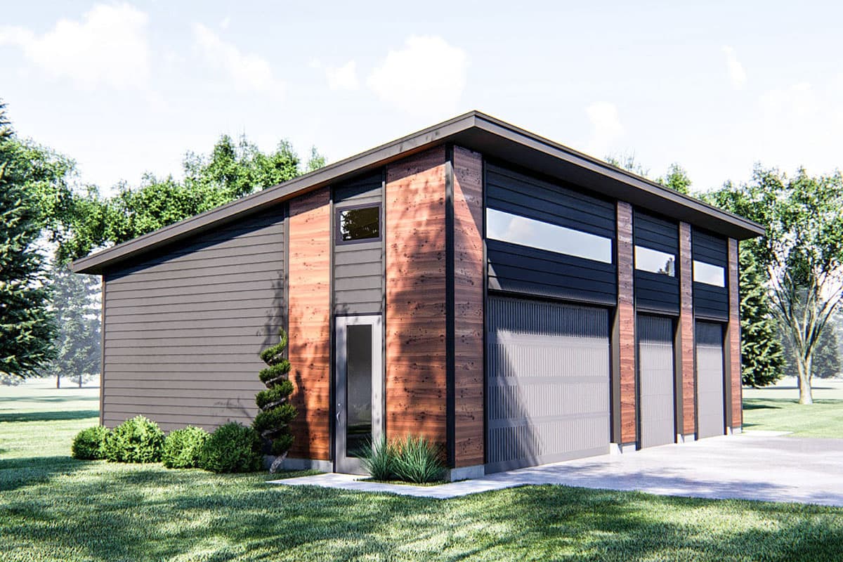 Modern style garage plan with three bays, horizontal siding, wood accents, and long ribbon windows.
