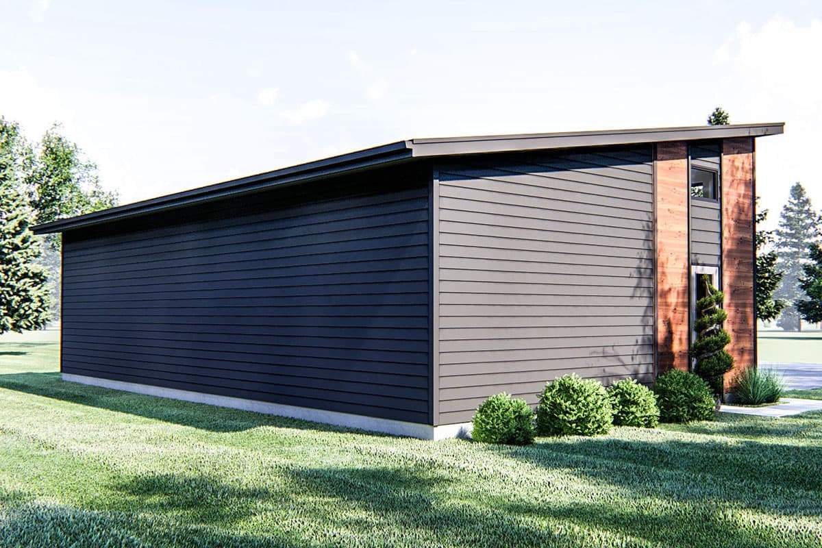 Modern house plan exterior with a single story, dark horizontal siding, and a sloped roofline with wood accents.