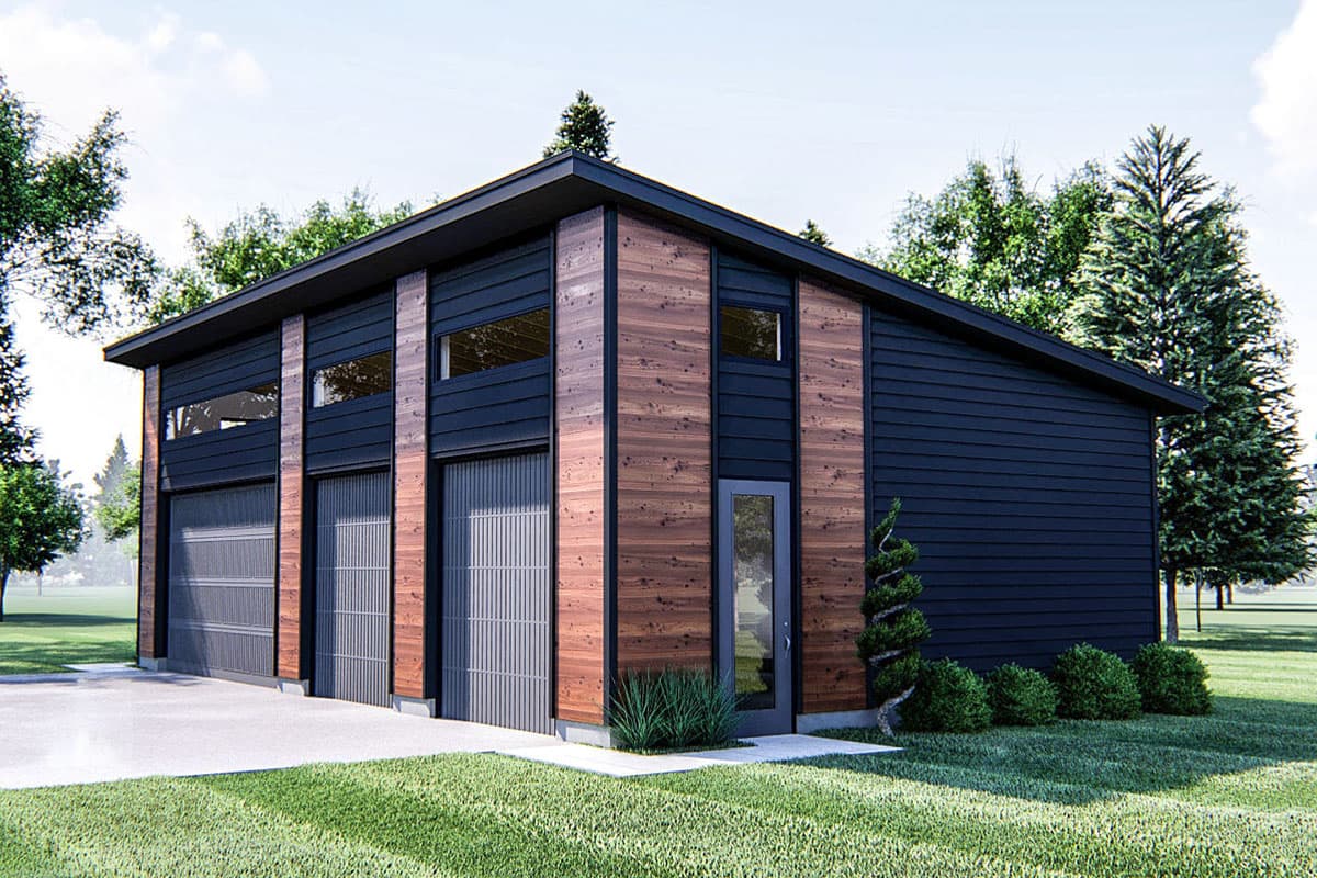 Modern house plan exterior with three garage doors, dark siding, wood paneling, and clerestory windows.