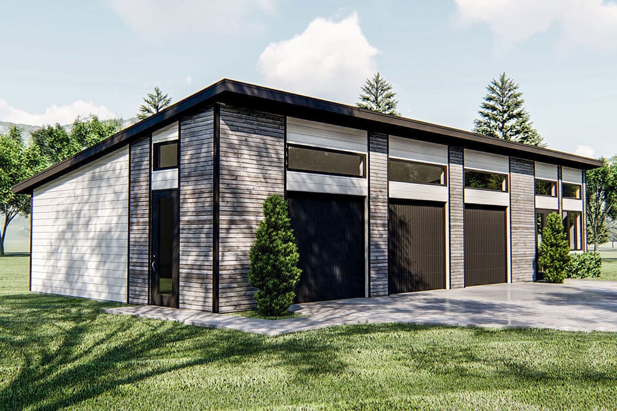 Modern house plan exterior with a low-pitched roof, horizontal siding, and three garage doors.