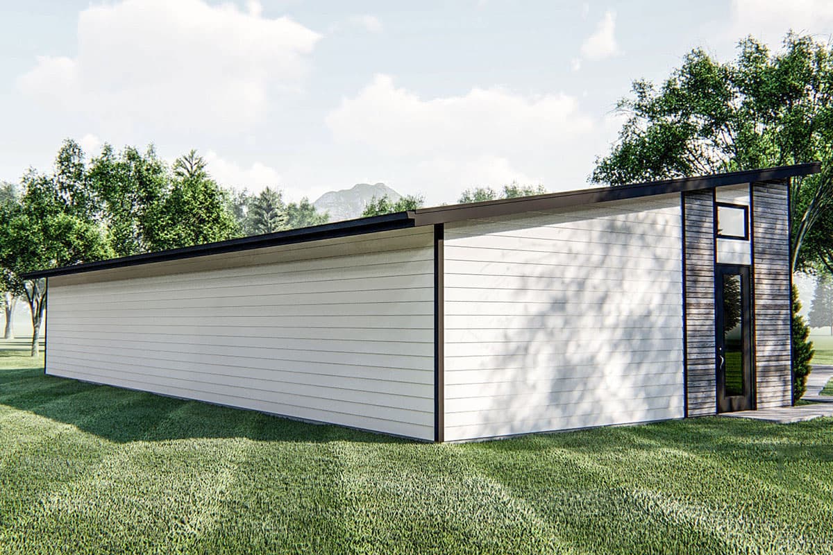 House plan exterior with horizontal siding, a flat roof, and a contemporary glass door with a vertical window beside it.