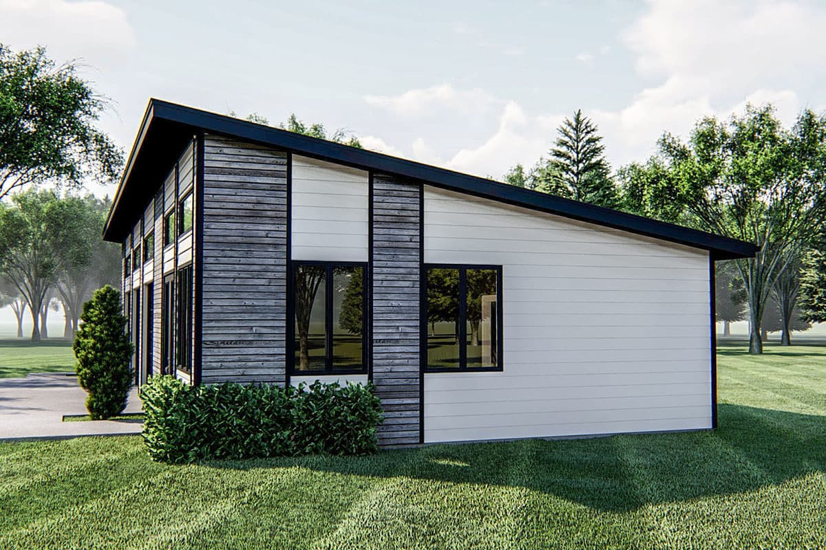 Modern house plan exterior with a low-sloped roof, horizontal siding, and tall, narrow windows.