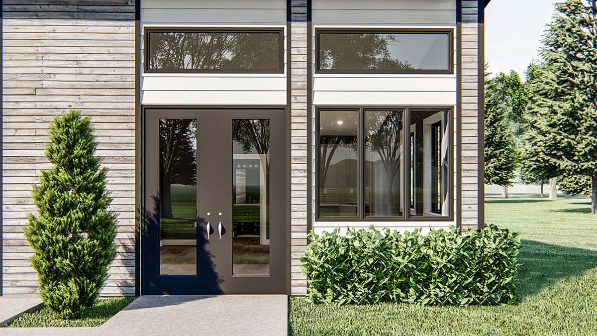 Modern house plan exterior with a double glass door, horizontal wood siding, and stacked horizontal windows.
