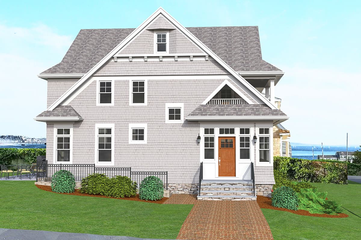 House plan exterior: Two-story Modern Farmhouse with gabled dormer, shingle siding, prominent front porch, and bay window.