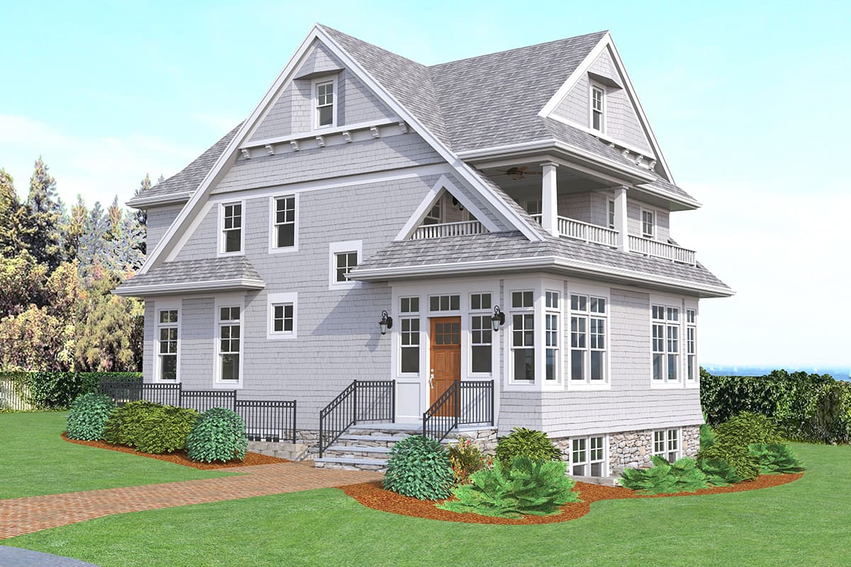 House plan exterior. Two-story Craftsman with shingle siding, multiple gables, a front porch, and dormer windows.