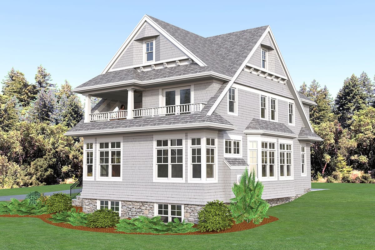 Craftsman house plan exterior with two stories, dormer windows, a second-story balcony with railing, and a stone foundation.