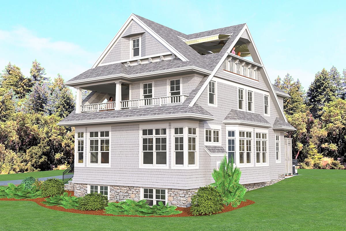 House plan exterior of a three-story home with shingle siding, multiple gables, a covered porch, and a balcony.