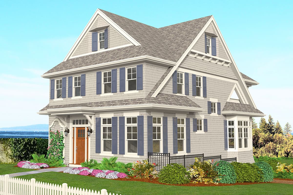 House plan exterior. Two-story shingle-style home with dormers, gabled roof, and a bay window. Features include a front porch and shutters.